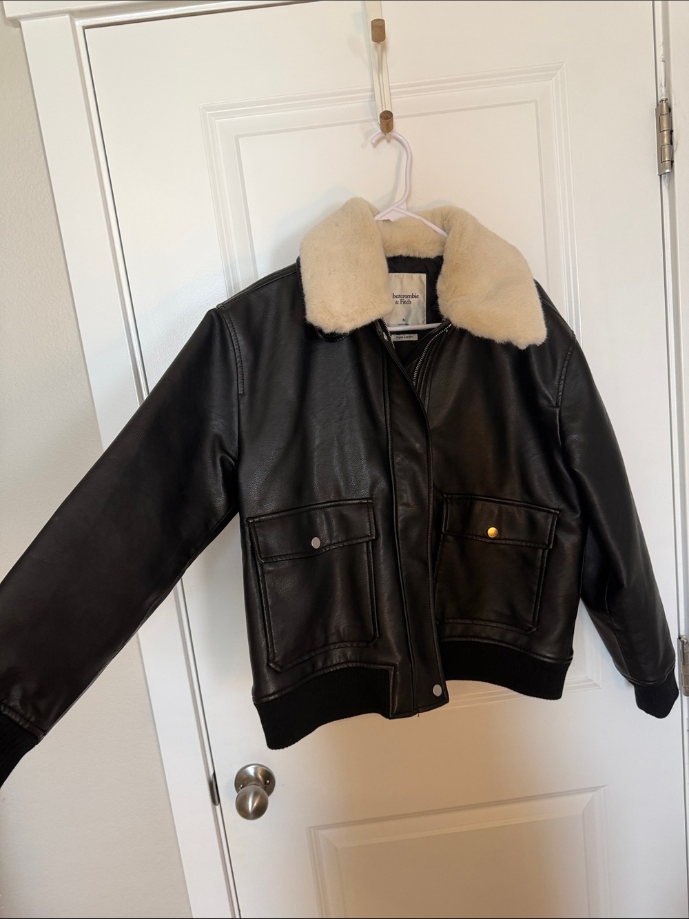 Abercrombie & Fitch Black Faux Leather Bomber Jacket with Cream Sherpa Collar
